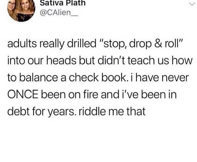 Sativa Platn w CAlien__ adults really drilled stop drop roll into our heads but didnt teach us how to balance a check book i have never ONCE been on fire and ive been in debt for years riddle me that