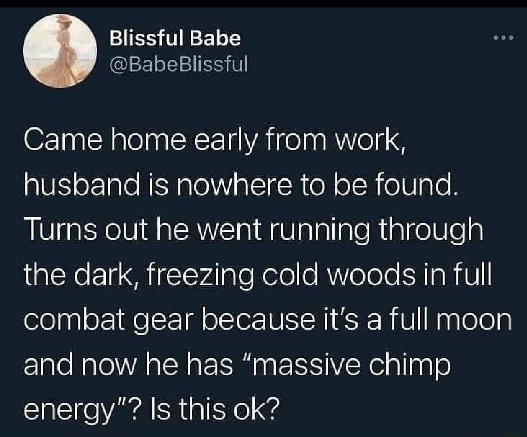 Blissful Babe 1F ol 2 S5 U Came home early from work husband is nowhere to be found Turns out he went running through the dark freezing cold woods in full combat gear because its a full moon and now he has massive chimp energy Is this ok
