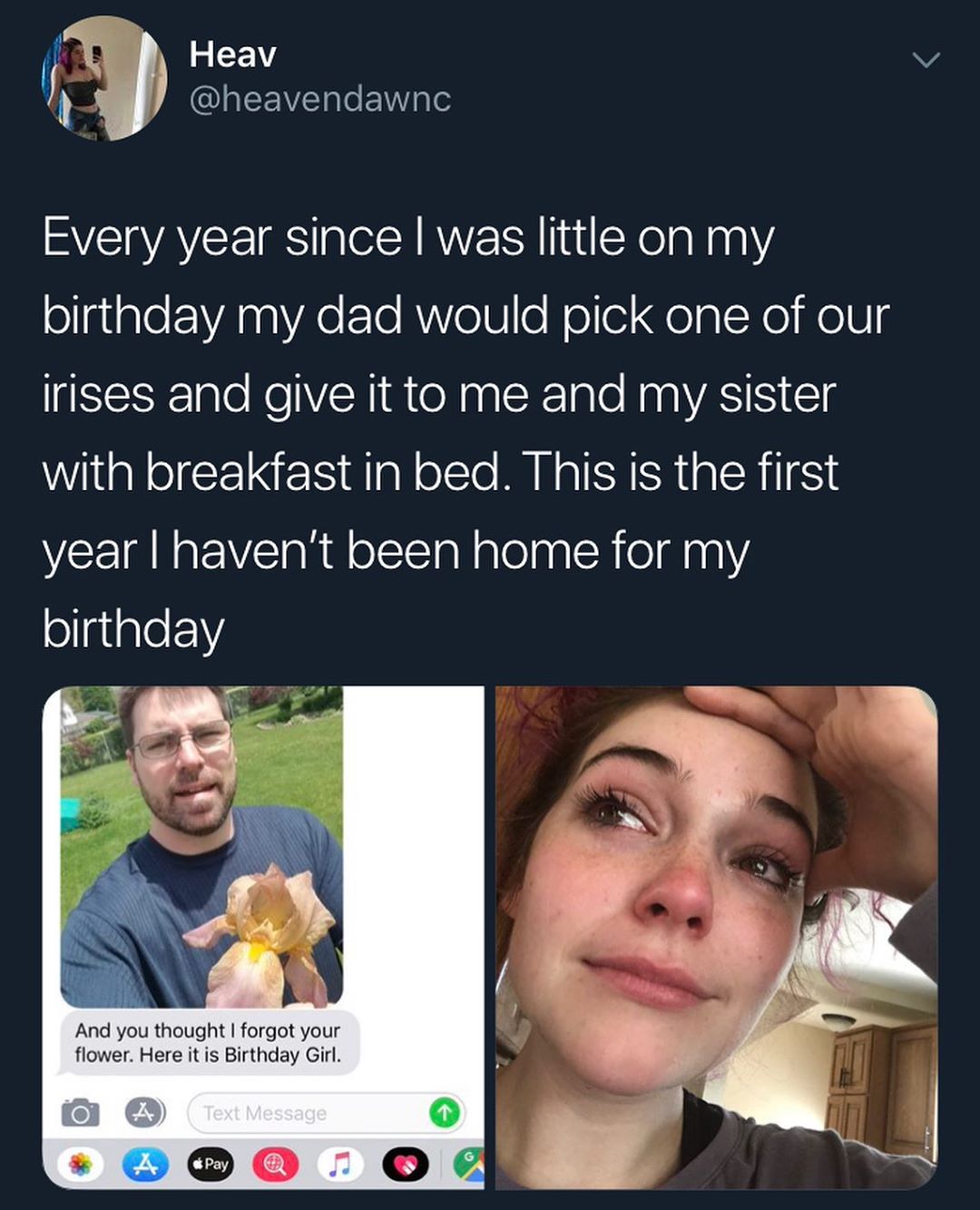 d Heav v Q J CIEENE e EYVIe Every year since was little on my ollgialeFA 00 VXe Te RV e1Uo Nollel Qo s XeI e U ASEERIale KeVER IR e N Iale N VRS SI g with breakfast in bed This is the first year havent been home for my ollgigle 1V flower Here it is Birthday Girl