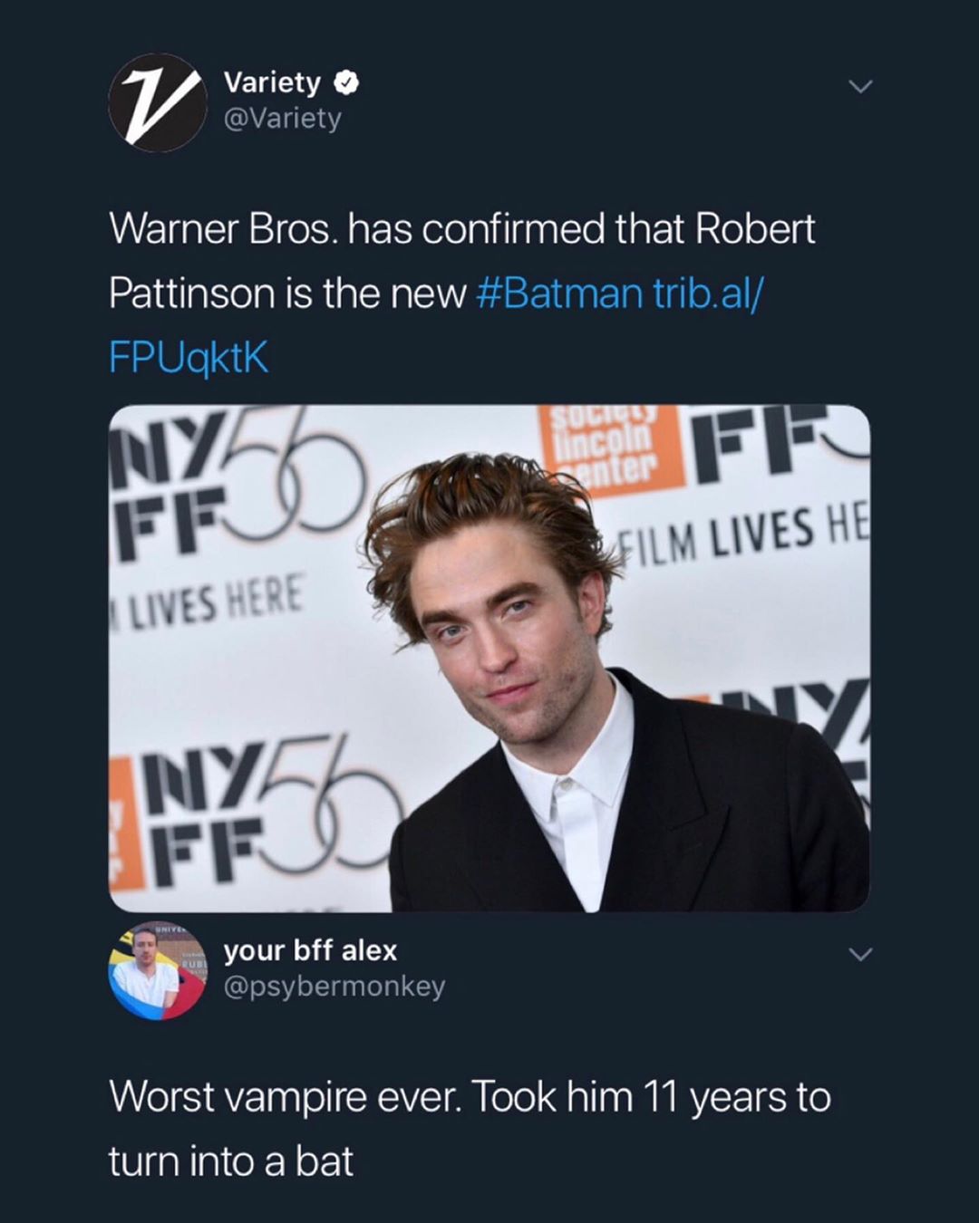 VEL A v V ENE18Y Warner Bros has confirmed that Robert Pattinson is the new Batman tribal FPUQgktK o your bff alex v psybermonkey Worst vampire ever Took him 11 years to turn into a bat