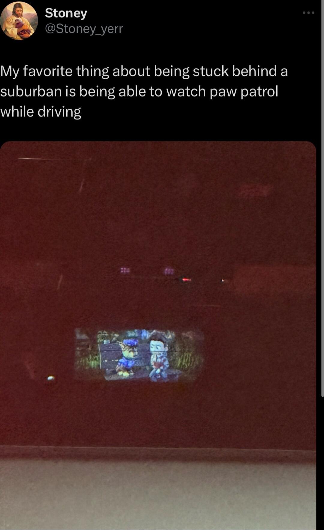 Stoney S VAT g My favorite thing about being stuck behind a suburban is being able to watch paw patrol while driving