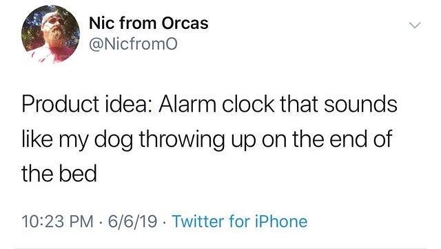 Nic from Orcas 8 NicfromO Product idea Alarm clock that sounds like my dog throwing up on the end of the bed 1023 PM 6619 Twitter for iPhone