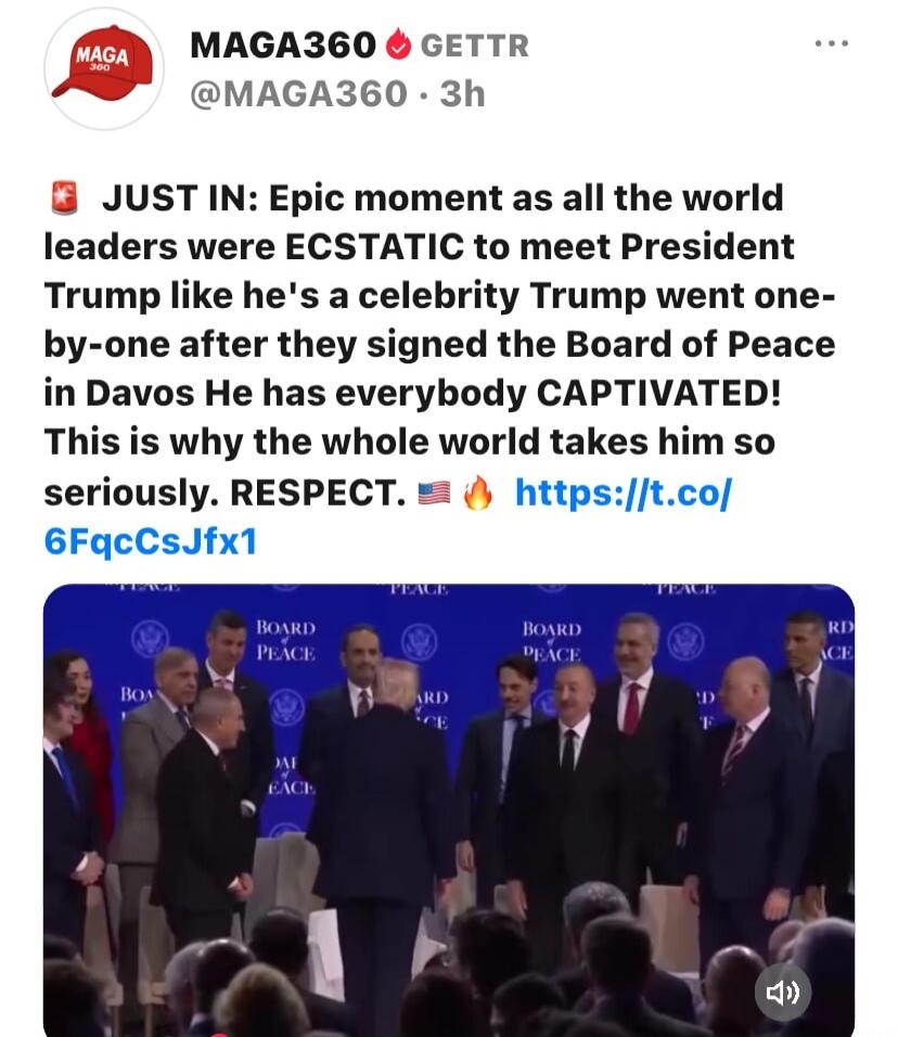 📢 JUST IN: Epic moment as all the world leaders were ECSTATIC to meet President Trump like he's a celebrity Trump went one-by-one after they signed the Board of Peace in Davos He has everybody CAPTIVATED! This is why the whole world takes him so seriously. RESPECT. 🇺🇸 https://t.co/6FqcCSJfx1