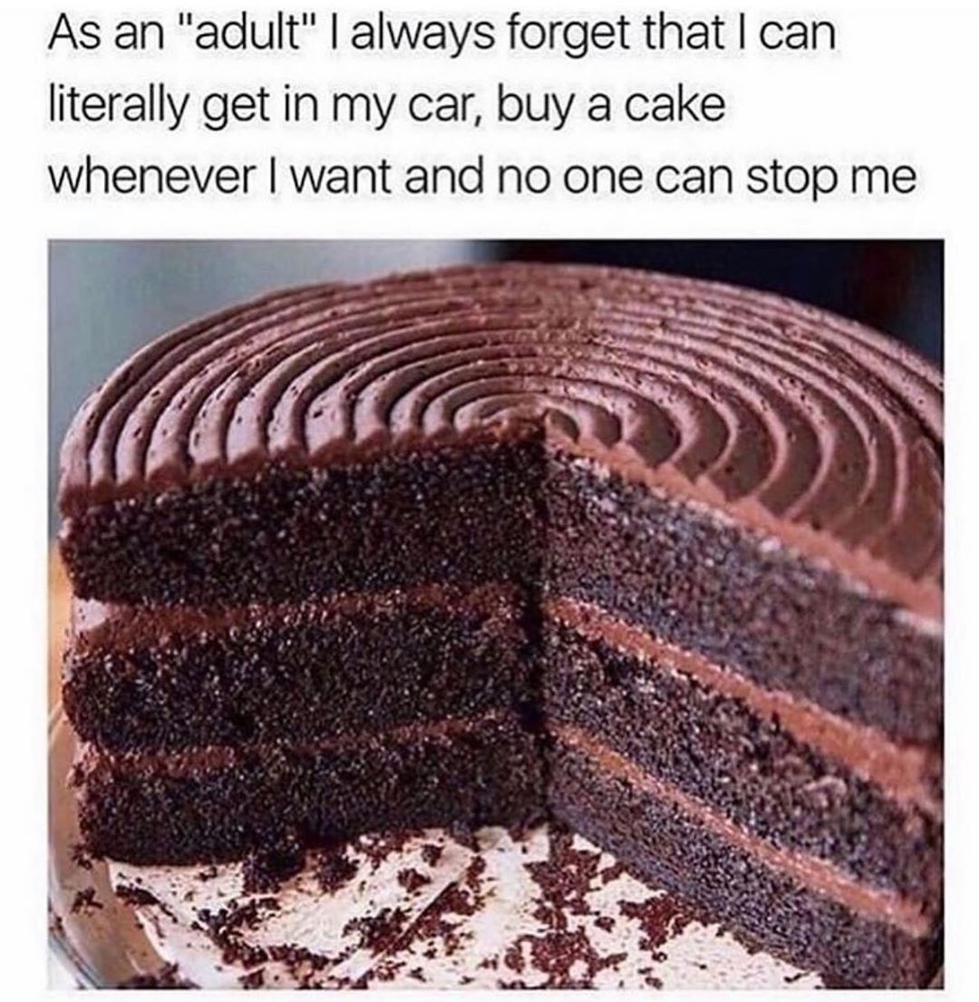 As an adult always forget that can literally get in my car buy a cake whenever want and no one can stop me