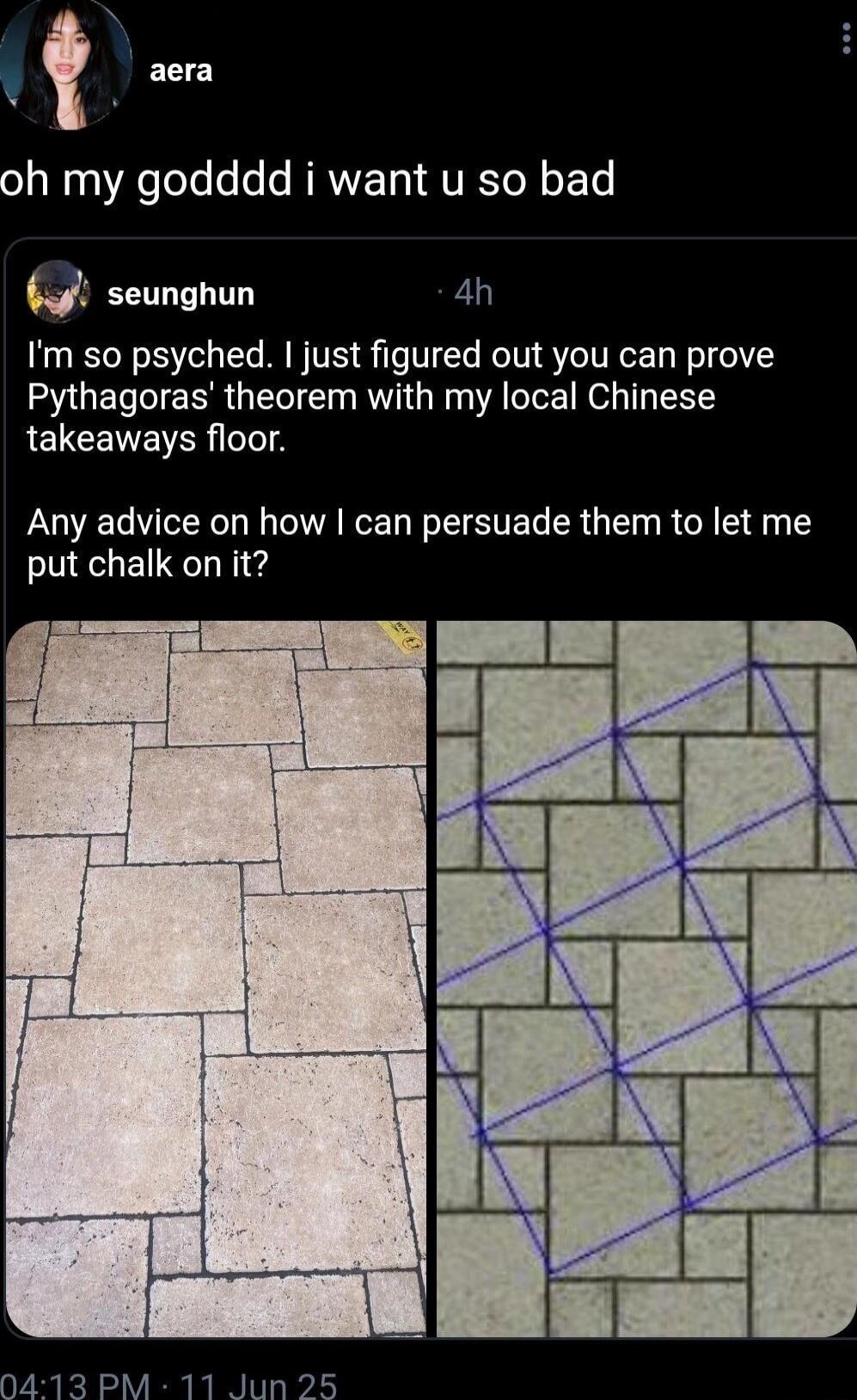 oh my godddd i want u so bad
I'm so psyched. I just figured out you can prove Pythagoras' theorem with my local Chinese takeaways floor. 
Any advice on how I can persuade them to let me put chalk on it?
