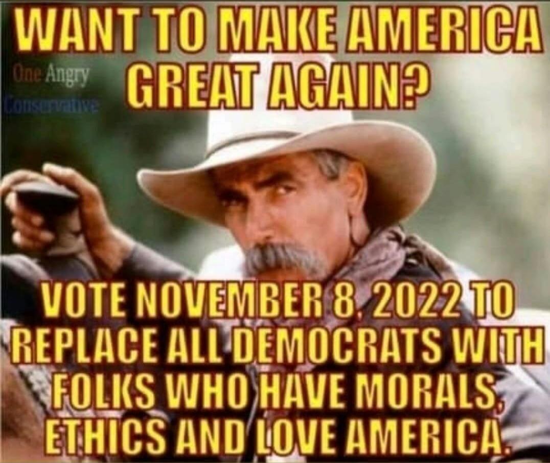 WANT TO MAKE AMERICA GREAT AGAIN? One Angry Conservative VOTE NOVEMBER 8, 2022 TO REPLACE ALL DEMOCRATS WITH FOLKS WHO HAVE MORALS, ETHICS AND LOVE AMERICA.