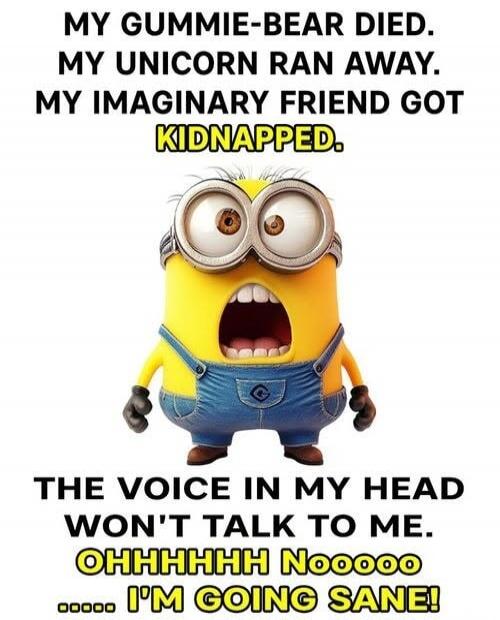 MY GUMMIE-BEAR DIED. MY UNICORN RAN AWAY. MY IMAGINARY FRIEND GOT KIDNAPPED. THE VOICE IN MY HEAD WON'T TALK TO ME. OHHHHHH Noooooo ..... I'M GOING SANE!