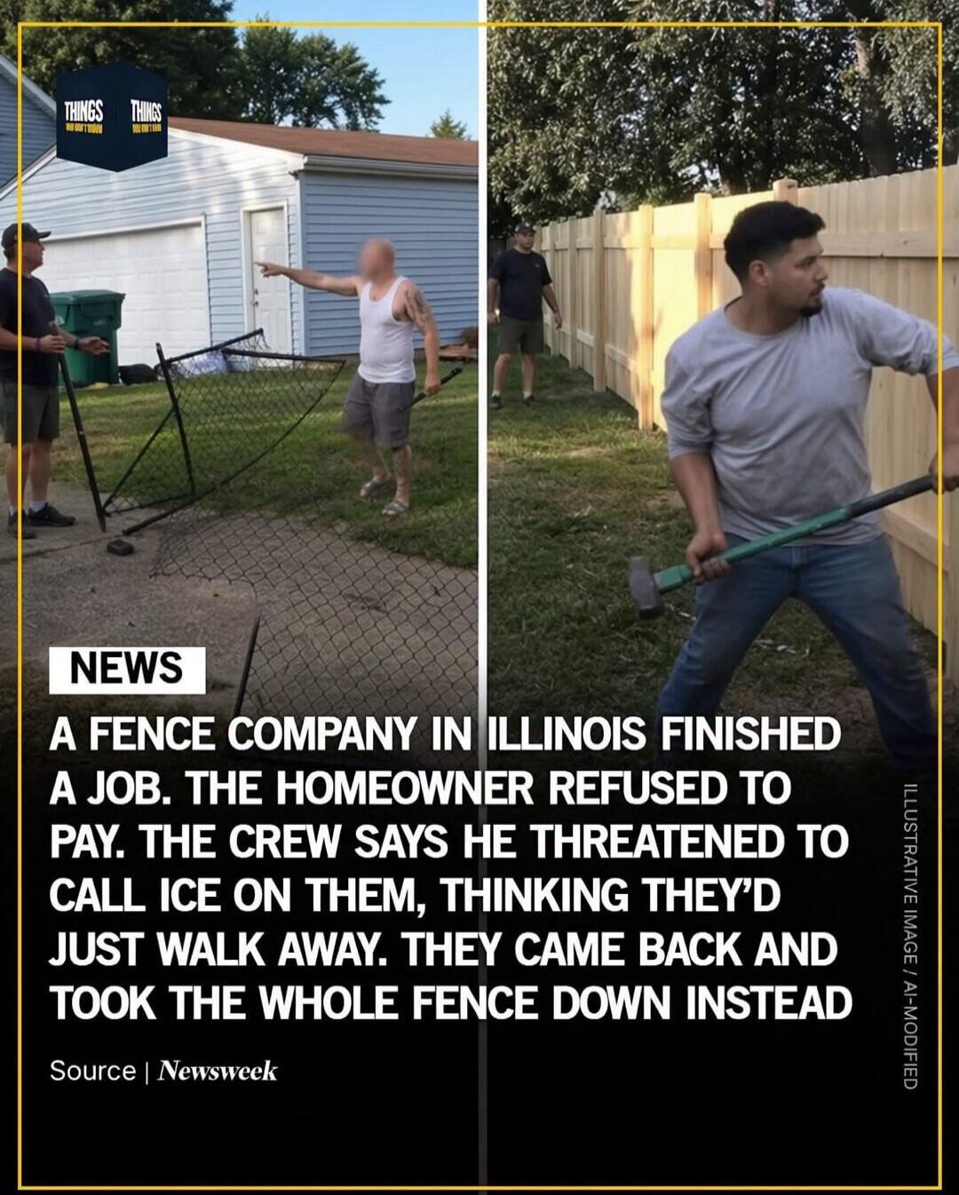 THINGS YOU DON'T KNOW NEWS. A FENCE COMPANY IN ILLINOIS FINISHED A JOB. THE HOMEOWNER REFUSED TO PAY. THE CREW SAYS HE THREATENED TO CALL ICE ON THEM, THINKING THEY'D JUST WALK AWAY. THEY CAME BACK AND TOOK THE WHOLE FENCE DOWN INSTEAD. Source Newsweek. The image shows a man pointing at a dismantled chain-link fence on one side, and on the other, a