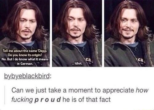 Tell me about the name 'Depp'. Do you know its origin? No. But I do know what it means in German. ... idiot. 
bybyeblackbird: Can we just take a moment to appreciate how fucking proud he is of that fact