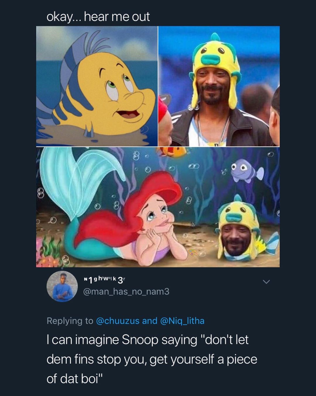 okay hearrrme out u1ghw 1k 3r Bs QINERNEER I EInK Replying to can imagine Snoop saying dont let dem fins stop you get yourself a piece of dat boi