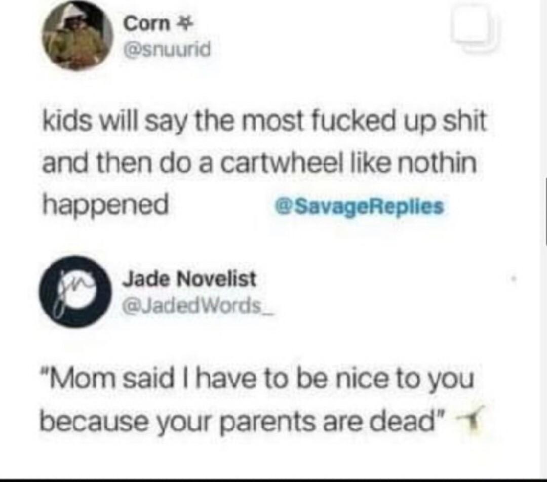 Corn snuurid kids will say the most fucked up shit and then do a cartwheel like nothin happened SavageReplies Jade Novelist JadedWords Mom said have to be nice to you because your parents are dead