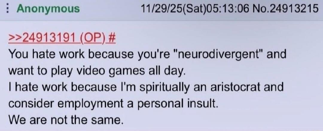 Anonymous 11/29/25(Sat)05:13:06 No.24913215 >>24913191 (OP) # You hate work because you're 