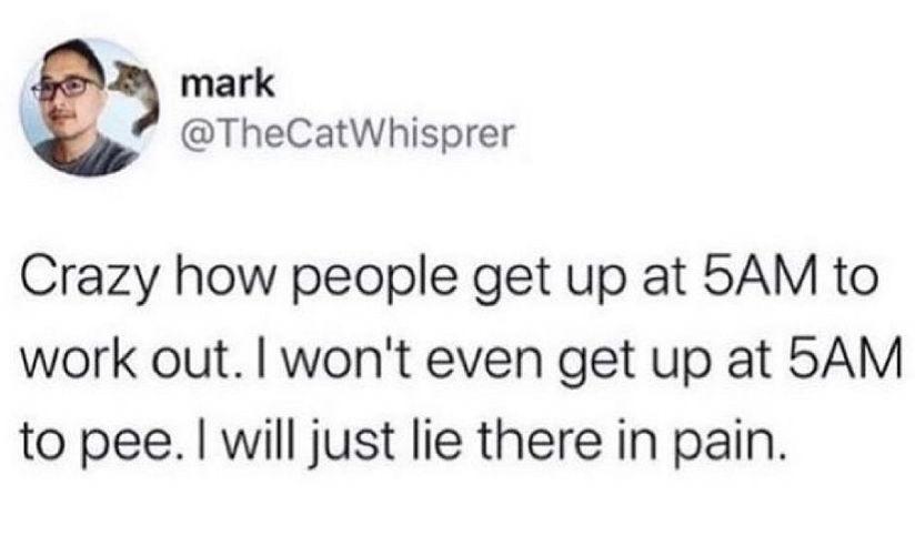 mark TheCatWhisprer Crazy how people get up at 5AM to work out wont even get up at 5AM to pee will just lie there in pain