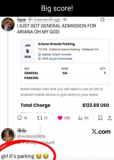 I JUST GOT GENERAL ADMISSION FOR ARIANA OH MY GOD
JUN 6 2020
Ariana Grande Parking
Oakland Arena Parking • Oakland, CA
Total Charge $122.68 USD