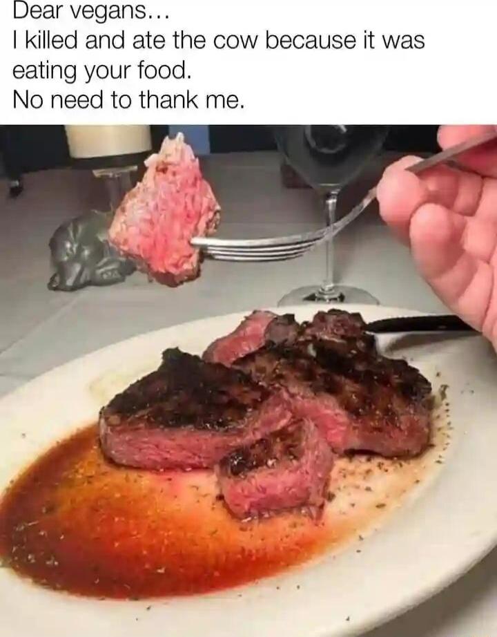 Dear vegans kiled and ate the cow because it was eating your food No need to thank me