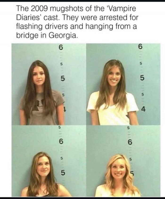 The 2009 mugshots of the 'Vampire Diaries' cast. They were arrested for flashing drivers and hanging from a bridge in Georgia.