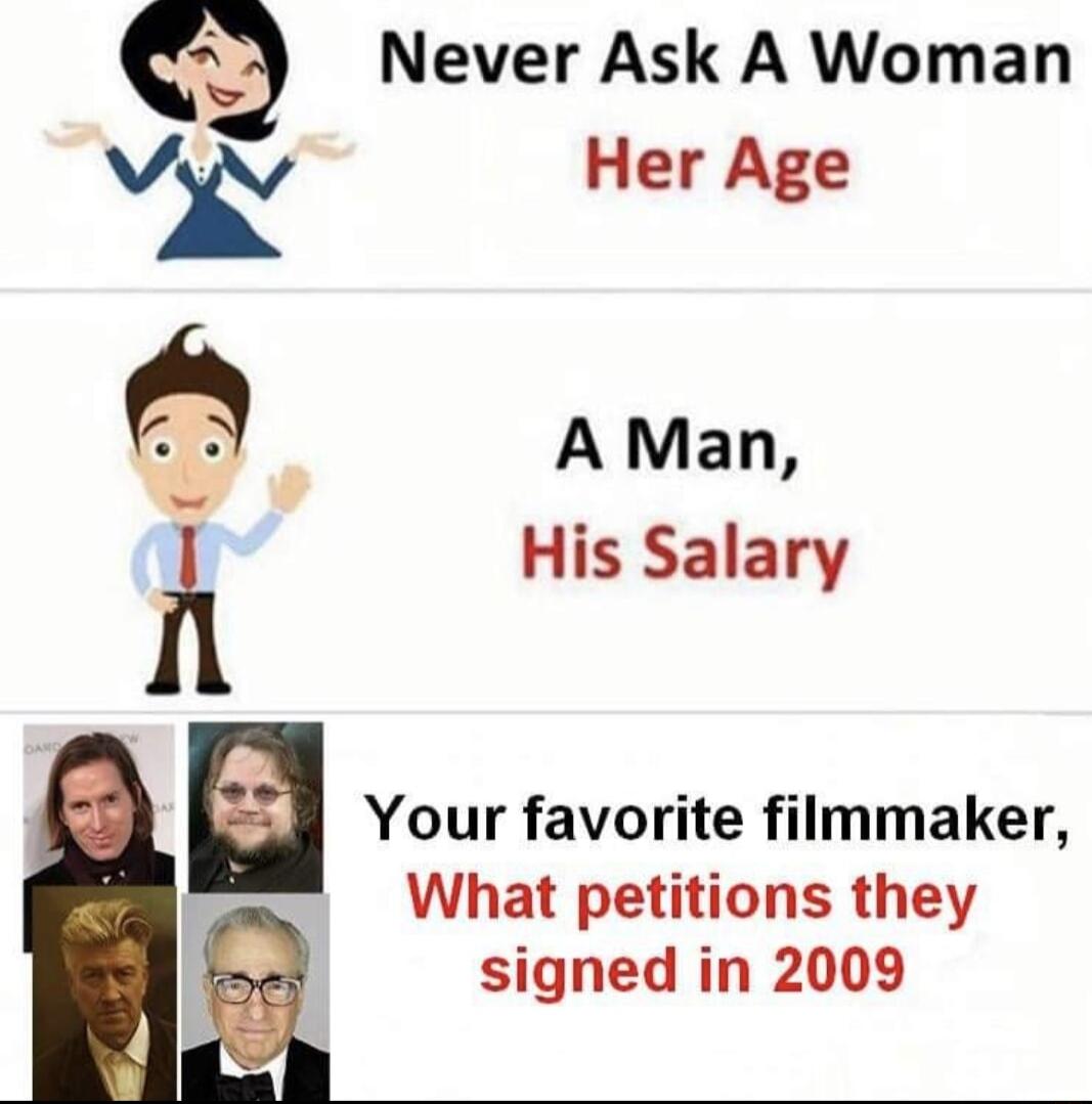 e Never Ask A Woman Her Age A Man I His Salary Your favorite filmmaker What petitions they signed in 2009
