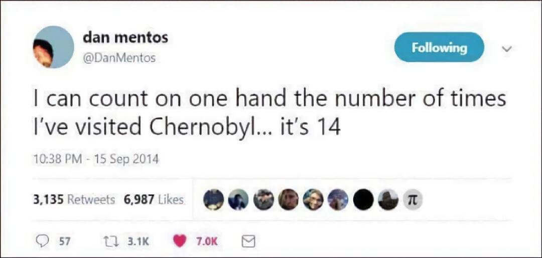 I can count on one hand the number of times I've visited Chernobyl... it's 14