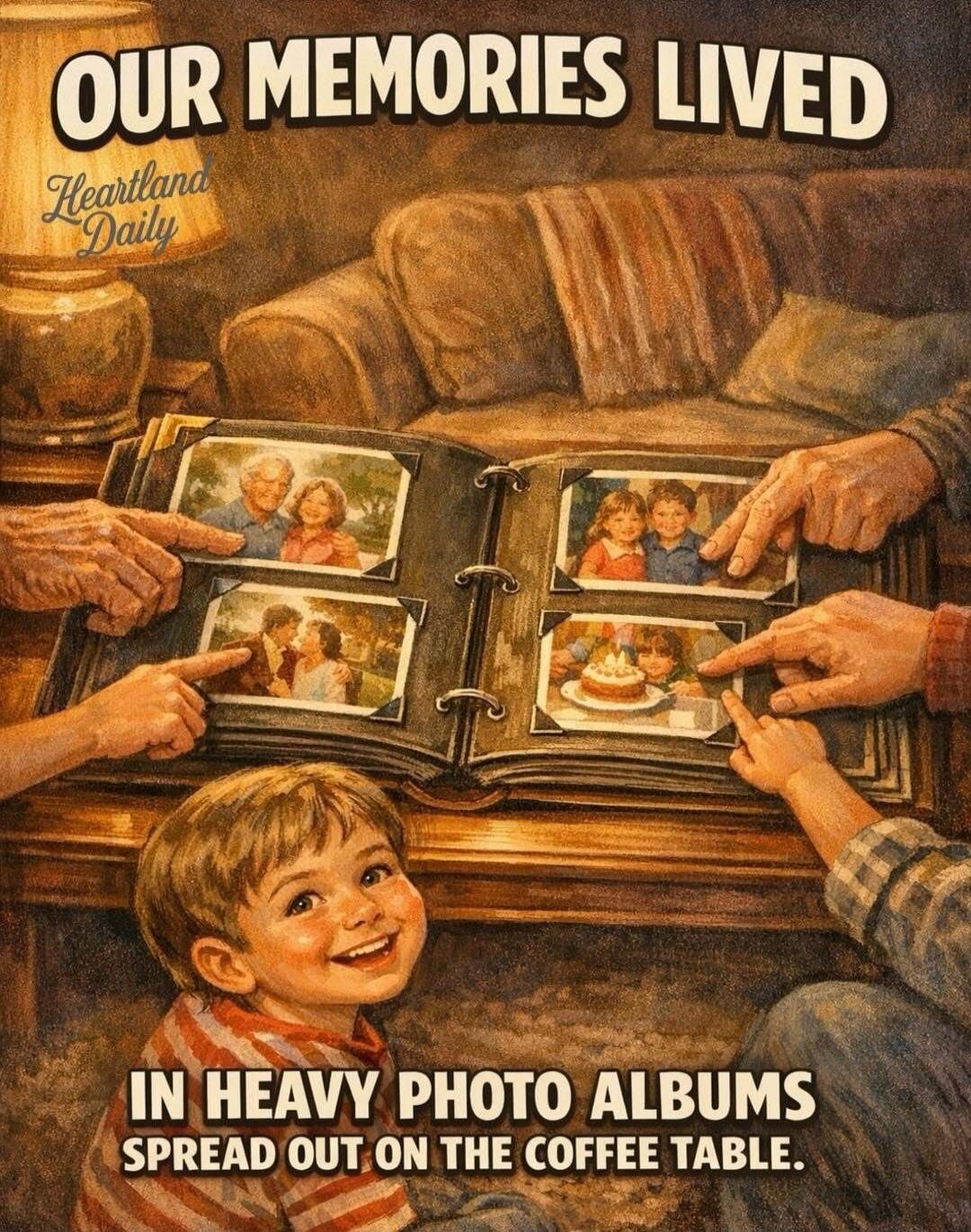 OUR MEMORIES LIVED Heartland Daily IN HEAVY PHOTO ALBUMS SPREAD OUT ON THE COFFEE TABLE.