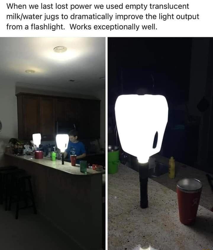 When we last lost power we used empty translucent milkwater jugs to dramatically improve the light output from a flashlight Works exceptionally well