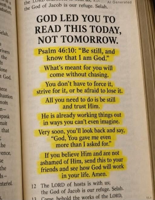 GOD LED YOU TO READ THIS TODAY, NOT TOMORROW. Psalm 46:10: “Be still, and know that I am God.” What's meant for you will come without chasing. You don't have to force it, strive for it, or be afraid to lose it. All you need to do is be still and trust Him. He is already working things out in ways you can't even imagine. Very soon, you'll look back 