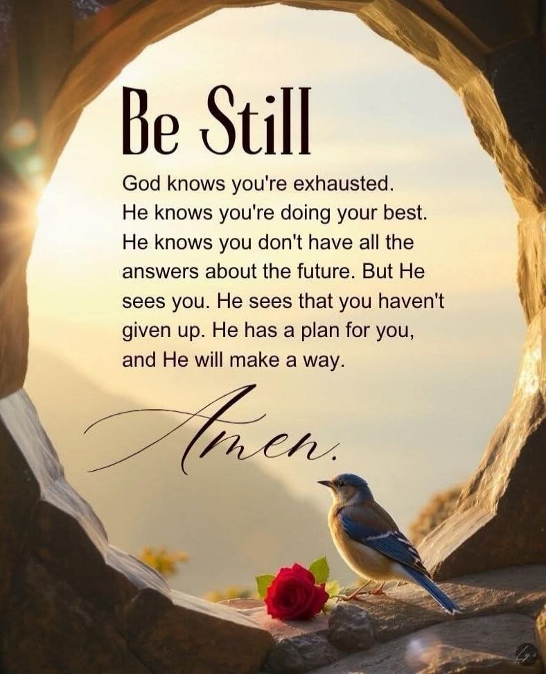 Be Still
God knows you're exhausted.
He knows you're doing your best.
He knows you don't have all the answers about the future. But He sees you. He sees that you haven't given up. He has a plan for you, and He will make a way.
Amen.