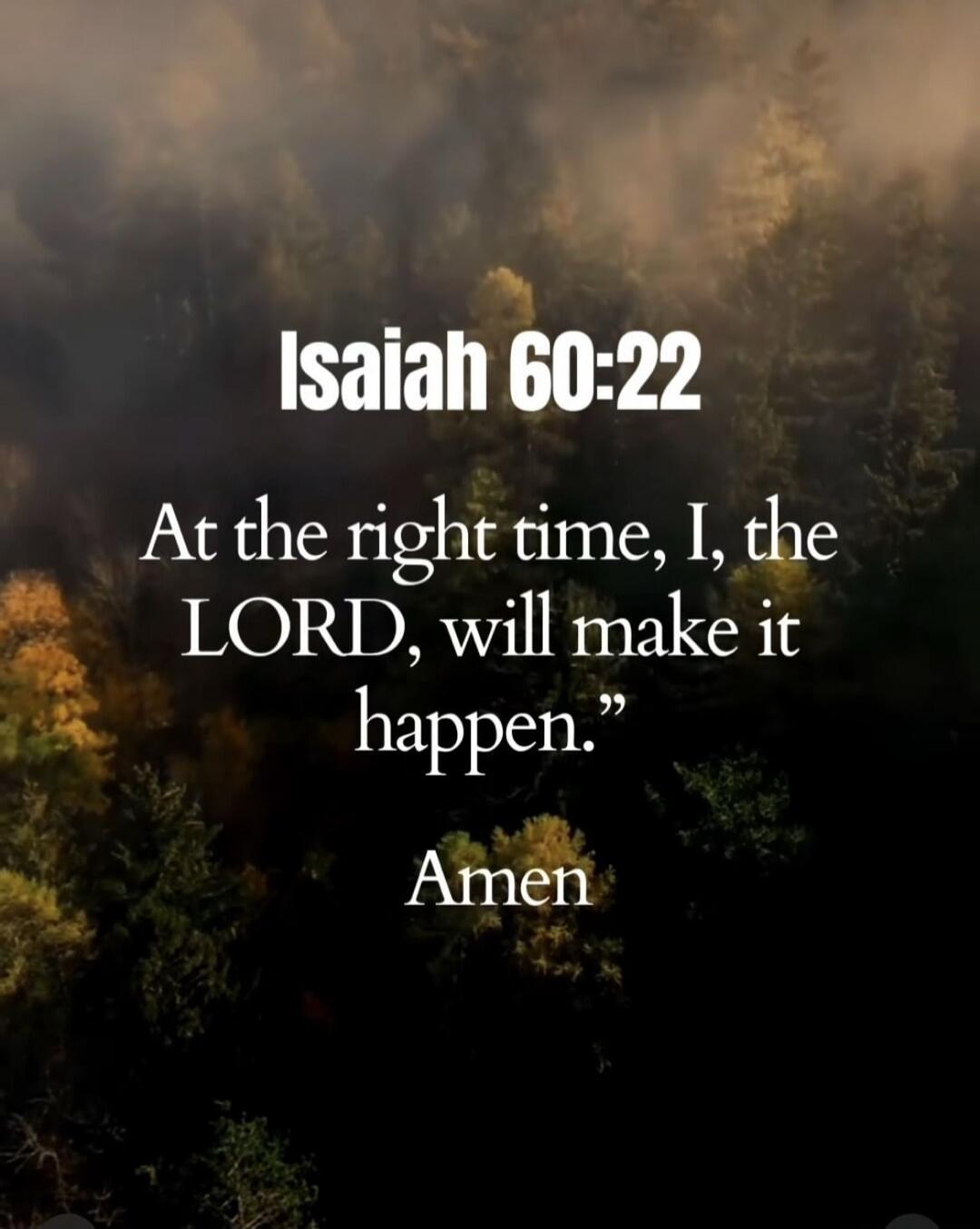 Isaiah 60:22
At the right time, I, the LORD, will make it happen.”
Amen
