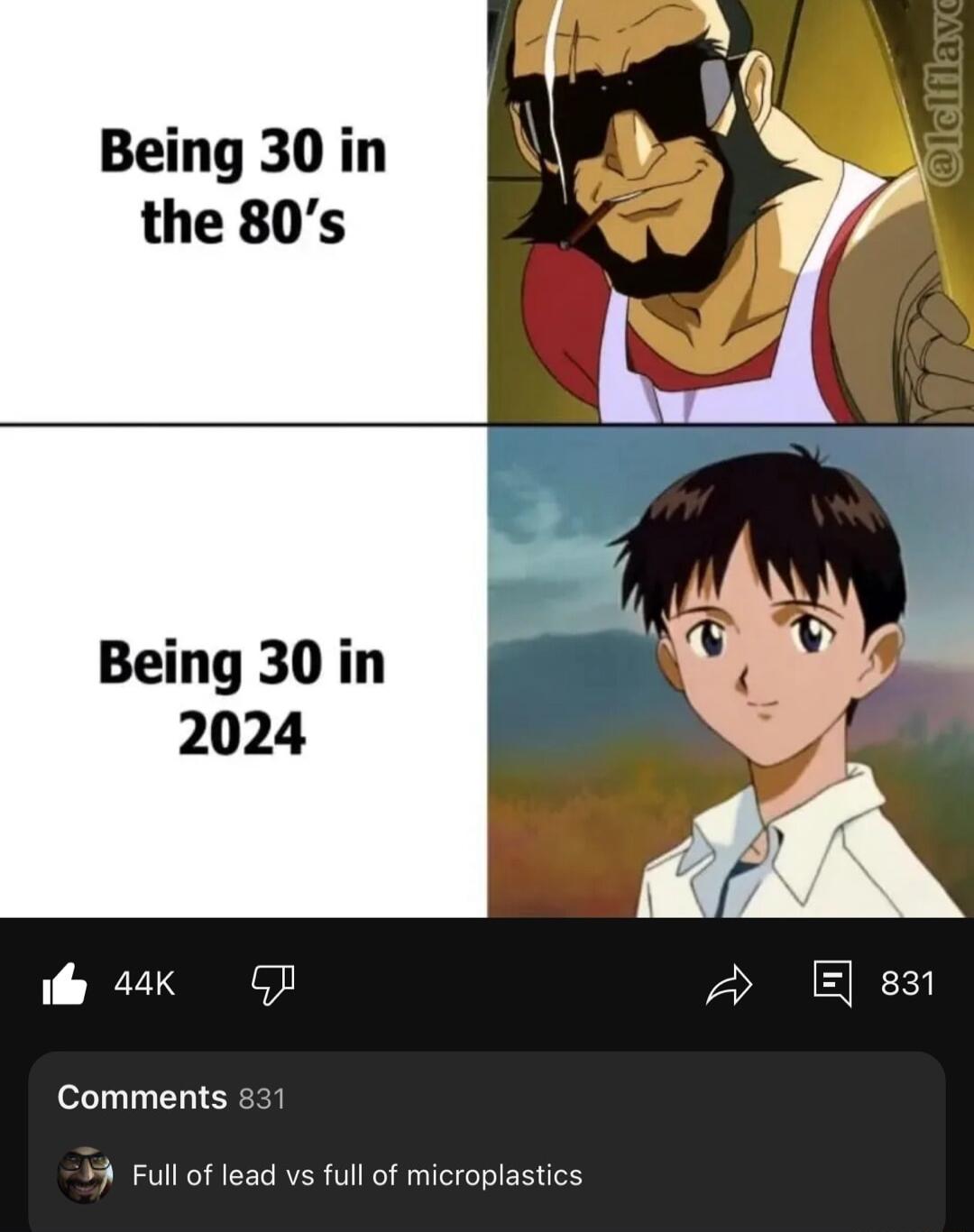 Being 30 in the 80s Being 30 in 2024 e 44k P 8 Comments 2 5 Full of lead vs full of microplastics