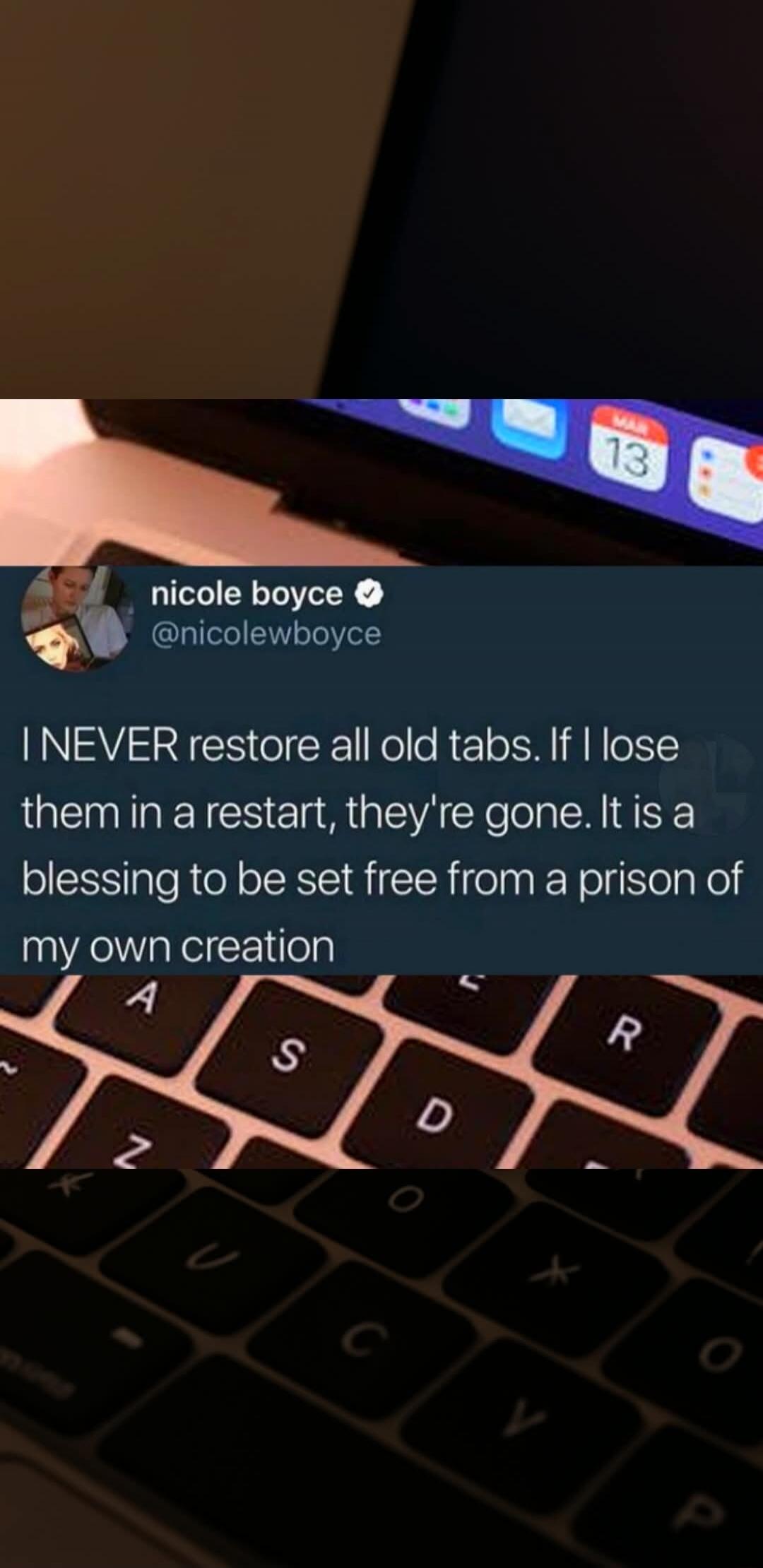 I NEVER restore all old tabs. If I lose them in a restart, they're gone. It is a blessing to be set free from a prison of my own creation