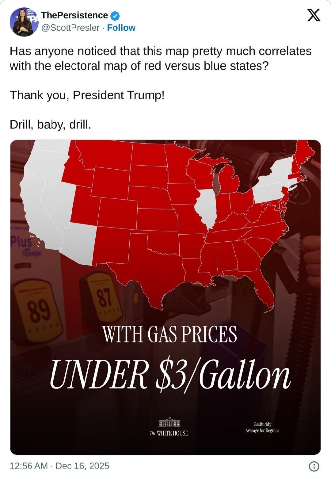 Has anyone noticed that this map pretty much correlates with the electoral map of red versus blue states?\n\nThank you, President Trump!\n\nDrill, baby, drill.\n\nWITH GAS PRICES UNDER $3/Gallon