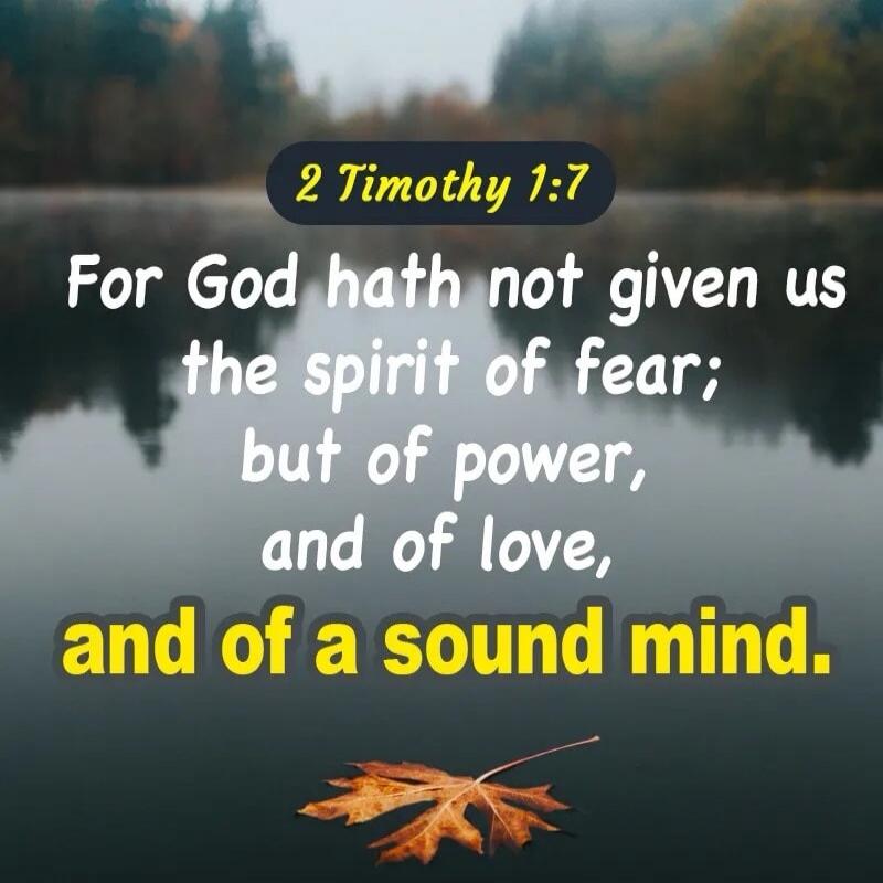 2 Timothy 1:7 For God hath not given us the spirit of fear; but of power, and of love, and of a sound mind.