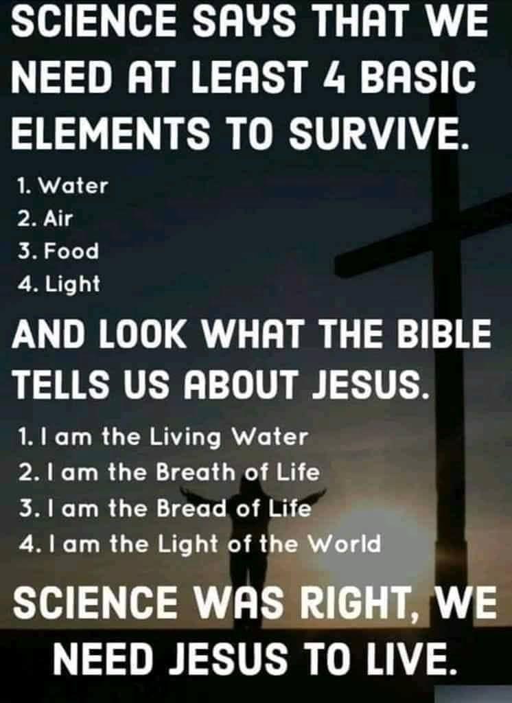 SCIENCE SAYS THAT WE NEED AT LEAST 4 BASIC ELEMENTS TO SURVIVE 1 Water 2 Air 3 Food 4 Light AND LOOK WHAT THE BIBLE TELLS US ABOUT JESUS 11 am the Living Water 21 am the Breath of Life 31 am the Bread of Life 41 am the Light of the Wo SCIENCE WAS RIGHT NEED JESUS TO LIVE