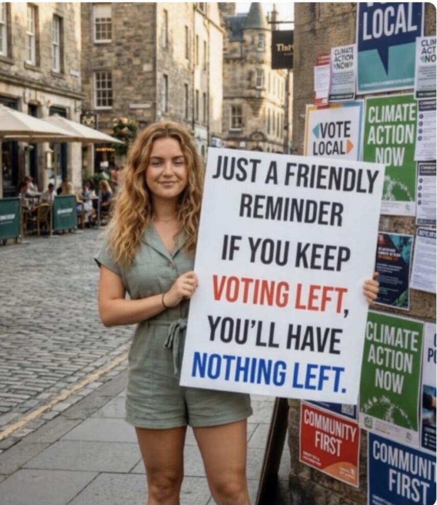 JUST A FRIENDLY REMINDER IF YOU KEEP VOTING LEFT, YOU'LL HAVE NOTHING LEFT. LOCAL. CLIMATE ACTION NOW. VOTE LOCAL. COMMUNITY FIRST.