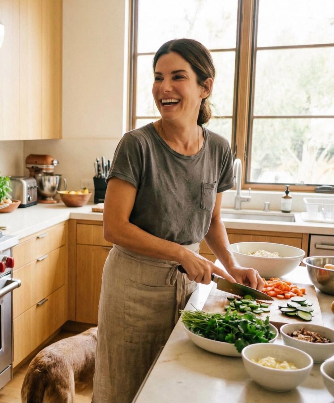 A woman, possibly Sandra Bullock, is happily chopping vegetables in a bright, modern kitchen. She is smiling and laughing while preparing food on a wooden cutting board. Various ingredients like cucumbers, carrots, and fresh herbs are visible in bowls. A dog is partially seen near her feet.