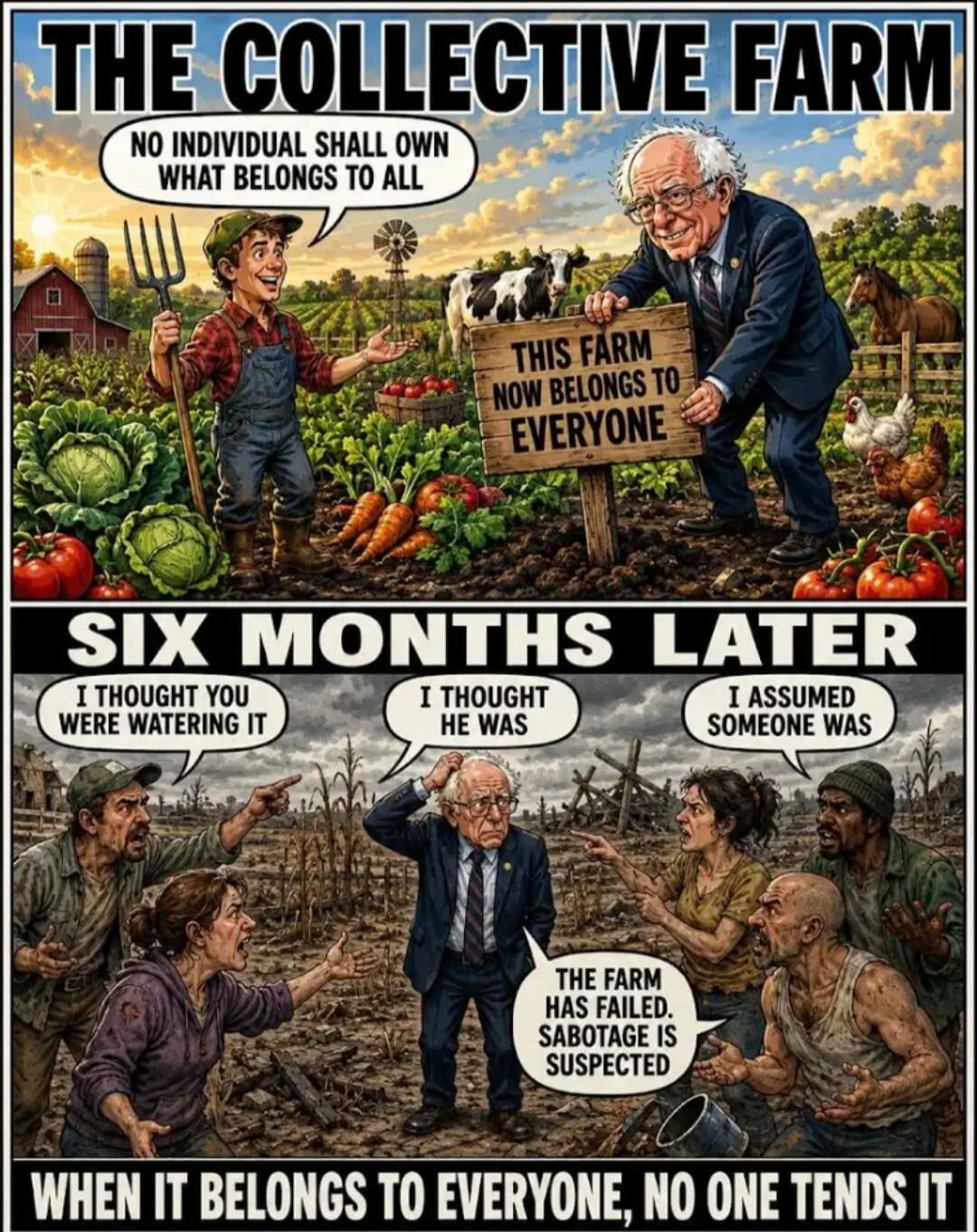 THE COLLECTIVE FARM NO INDIVIDUAL SHALL OWN WHAT BELONGS TO ALL THIS FARM NOW BELONGS TO EVERYONE SIX MONTHS LATER I THOUGHT YOU WERE WATERING IT I THOUGHT HE WAS I ASSUMED SOMEONE WAS THE FARM HAS FAILED. SABOTAGE IS SUSPECTED WHEN IT BELONGS TO EVERYONE, NO ONE TENDS IT