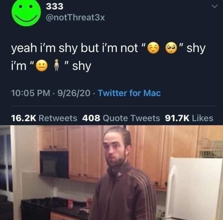 333 v notThreat3x yeah im shy butimnot shy ilm MM Shy 1005 PM 92620 Twitter for Mac 162K Retweets 408 Quote Tweets 917K Likes