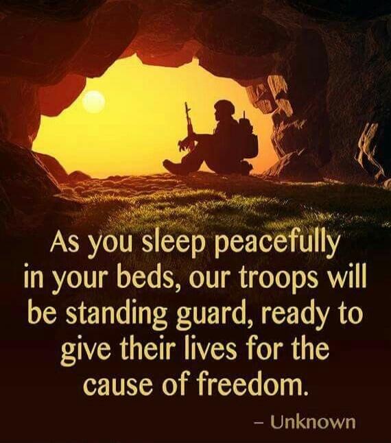 As you sleep peacefully in your beds, our troops will be standing guard, ready to give their lives for the cause of freedom. - Unknown