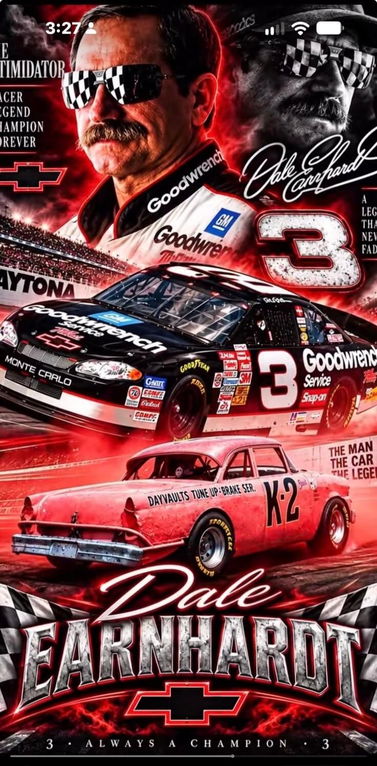 The Intimidator. Racer Legend Champion Forever. Dale Earnhardt. A Legend That Never Fades. Daytona. Monte Carlo. Goodwrench. GM. Service Snap-on. Goodyear. 3M. GAITE. Eckerd. CompCams. Dayvaults Tune Up Brake Ser. K-2. The Man The Car The Legend. 3 Always A Champion.