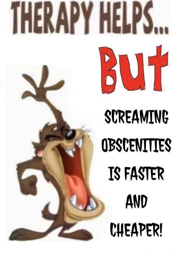 THERAPY HELPS... BUT SCREAMING OBSCENITIES IS FASTER AND CHEAPER!