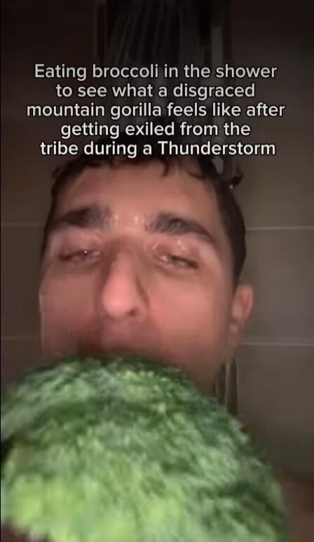 Eating broccoli in the shower to see what a disgraced mountain gorilla feels like after getting exiled from the tribe during a Thunderstorm