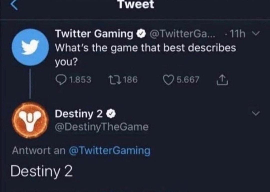 Tweet Twitter Gaming TwitterGa 11h Whats the game that best describes you R K 15 B W I 1 Os667 T ESIPR IS NG EEENE Antwort an TwitterGaming DI 0