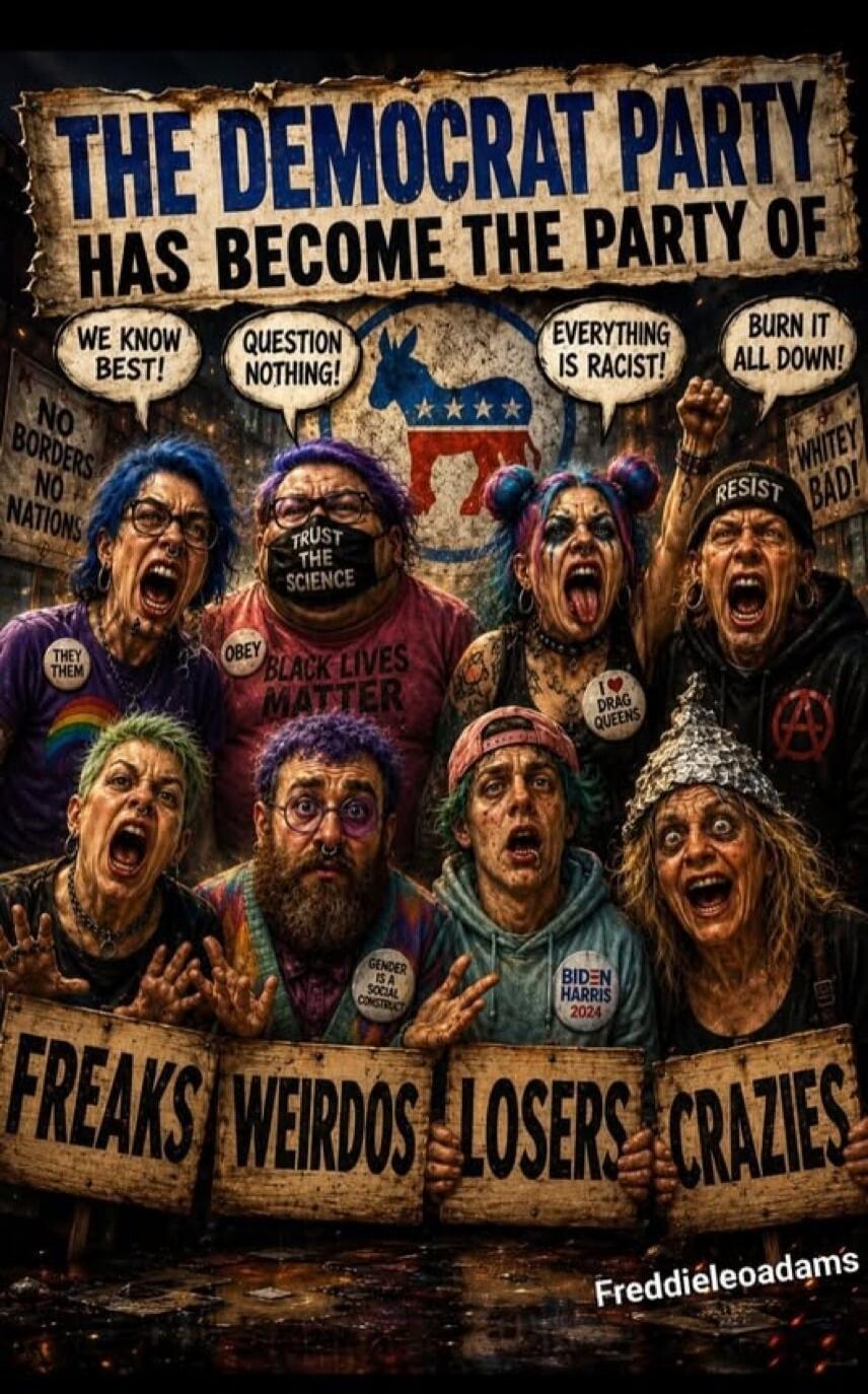 THE DEMOCRAT PARTY HAS BECOME THE PARTY OF WE KNOW BEST! QUESTION NOTHING! EVERYTHING IS RACIST! BURN IT ALL DOWN! NO BORDERS NO NATIONS WHITEY BAD! RESIST TRUST THE SCIENCE OBEY BLACK LIVES MATTER I LOVE DRAG QUEENS THEY/THEM GENDER IS A SOCIAL CONSTRUCT BIDEN HARRIS 2024 FREAKS WEIRDOS LOSERS CRAZIES Freddieleoadams