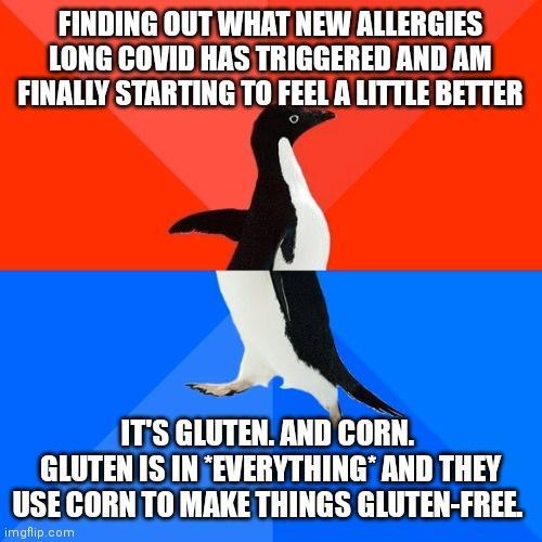 FINDING OUT WHAT NEW ALLERGIES LONG COVID HAS TRIGGERED AND AM FINALLY STARTING TO FEEL A LITTLE BETTER ITS GLUTEN AND CORN GLUTEN IS INEVERYTHING AND THEY USE CORN T0 MAKE THINGS GLUTEN FREE i