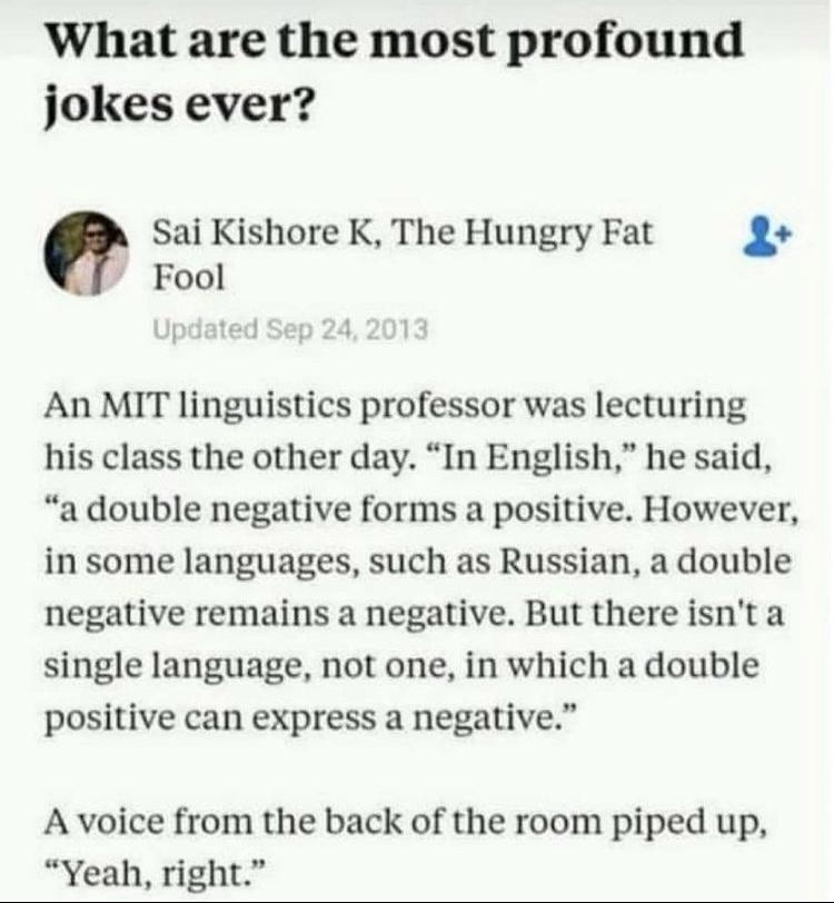 What are the most profound jokes ever 0 Sai Kishore K The Hungry Fat 2 Fool An MIT linguistics professor was lecturing his class the other day In English he said a double negative forms a positive However in some languages such as Russian a double negative remains a negative But there isnt a single language not one in which a double positive can express a negative A voice from the back of the room