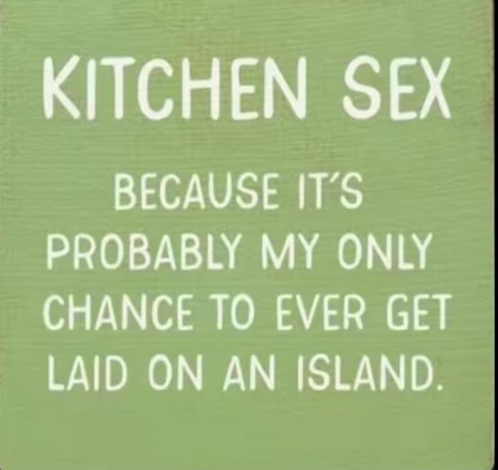 KITCHEN SEX BECAUSE IT'S PROBABLY MY ONLY CHANCE TO EVER GET LAID ON AN ISLAND.