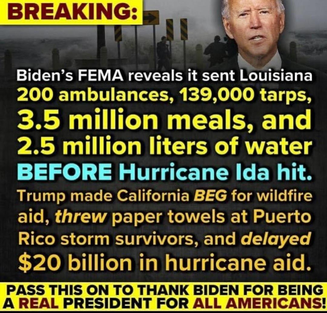 G OB W YA CE TN R A TS ELGE 200 ambulances 139000 tarps 35 million meals and 25 million liters of water BEFORE Hurricane Ida hit LTl N L RO TG TEW S R TR e aid threw paper towels at Puerto Rico storm survivors and delayed 2 nlllun in hurricane aid