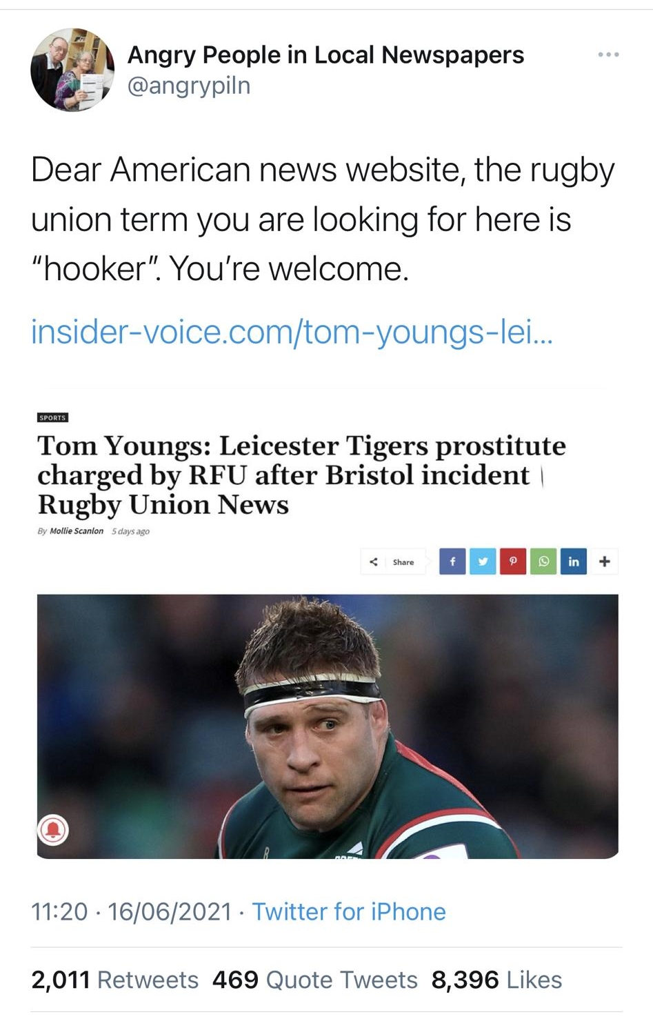En xj Angry People in Local Newspapers y angrypiln Dear American news website the rugby union term you are looking for here is hooker Youre welcome insider voicecomtom youngs lei ron Tom Youngs Leicester Tigers prostitute charged by RFU after Bristol incident Rugby Union News By Mollie Scanlon 5 days age AODEDE 1120 16062021 Twitter for iPhone 2011 Retweets 469 Quote Tweets 8396 Likes