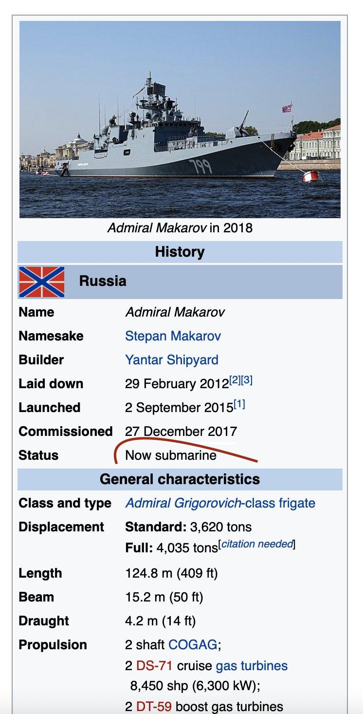 Admiral Makarov in 2018 History E Russia Name Admiral Makarov Namesake Stepan Makarov Builder Yantar Shipyard Laid down 29 February 2012213 Launched 2 September 20151 Commissioned 27 December 2017 Status Now submarine General characteristics Class and type Admiral Grigorovich class frigate Displacement Standard 3620 tons Full 4035 tonglcitation needed Length 1248 m 409 ft Beam 152 m 50 ft Draught 