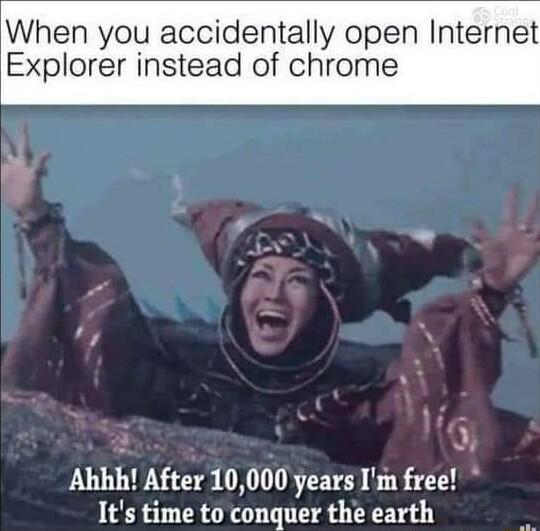 When you accidentally open Internet Explorer instead of chrom 4 i Ahhh After 10000 years Im free Its time to conquer the earth