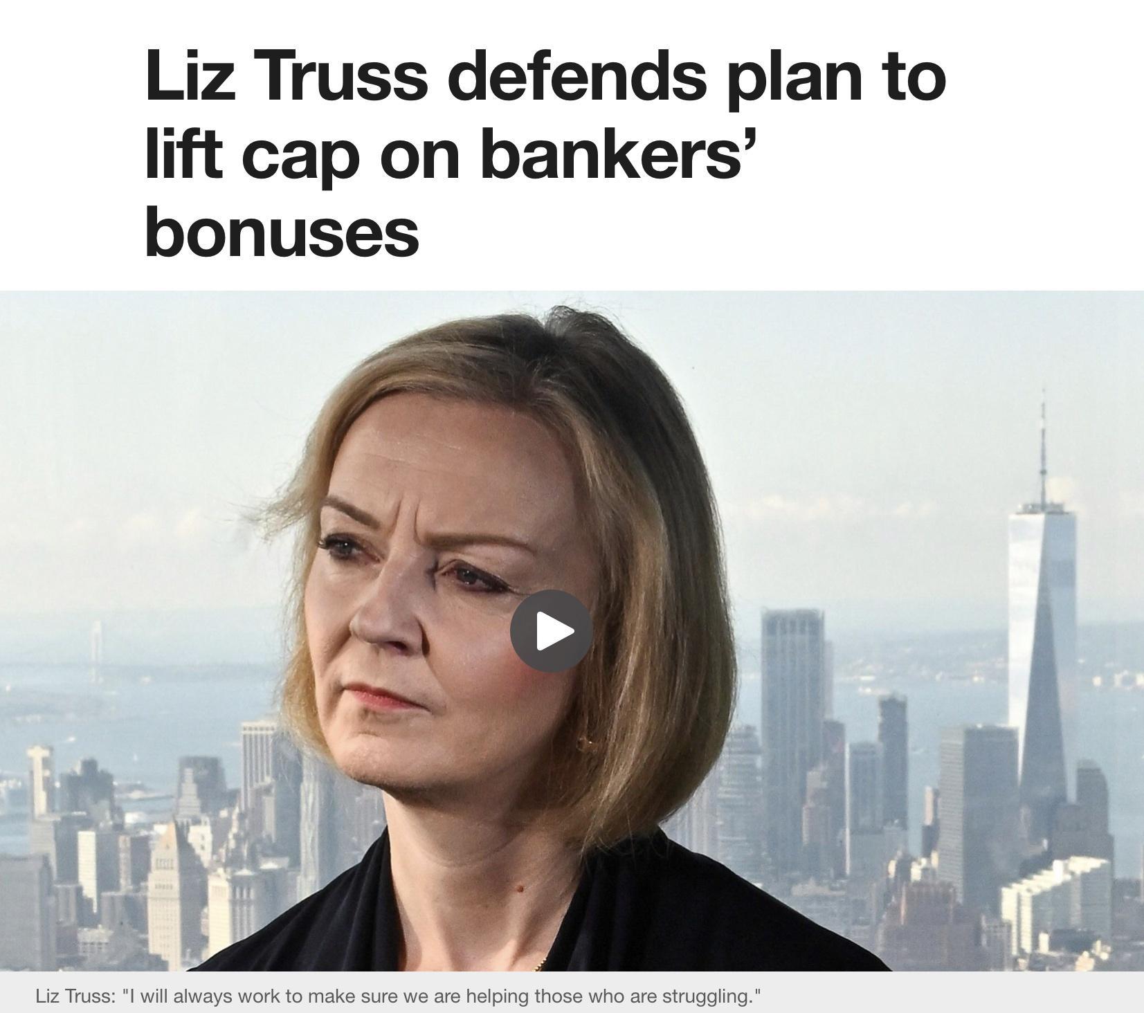 Liz Truss defends plan to lift cap on bankers bonuses